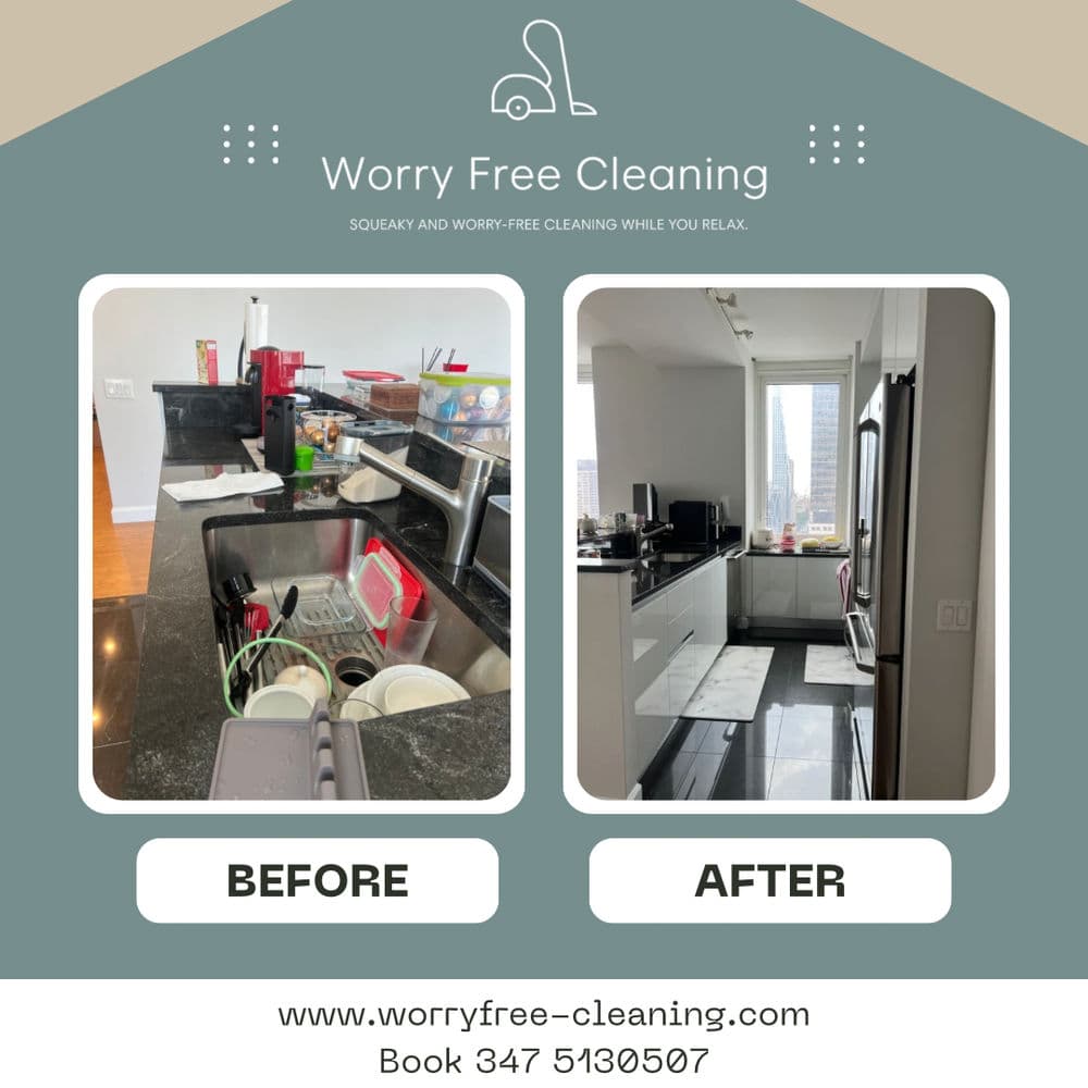 Side-by-side kitchen cleaning transformation: cluttered before and immaculate after.