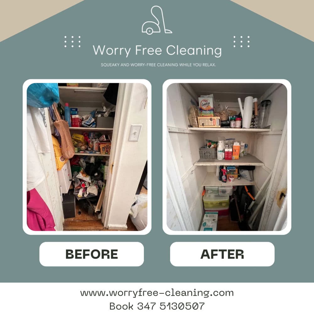 Before and after images of a cleaned closet showcasing organized shelves and decluttered space.