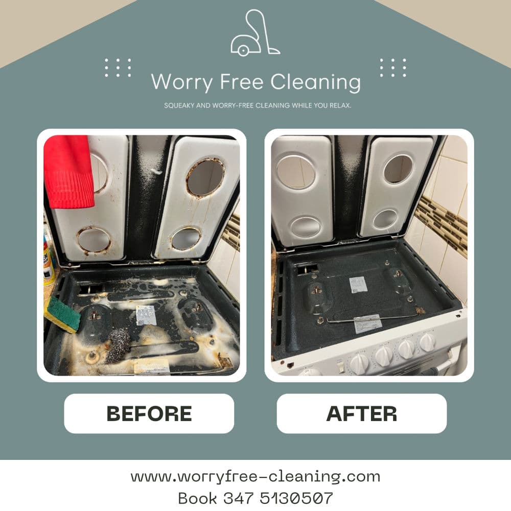 Before and after image of a thoroughly cleaned stove by Worry Free Cleaning Service.