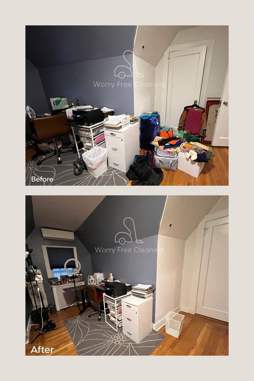 Before and after photos of a decluttered room, showcasing organized space and tidy furniture.
