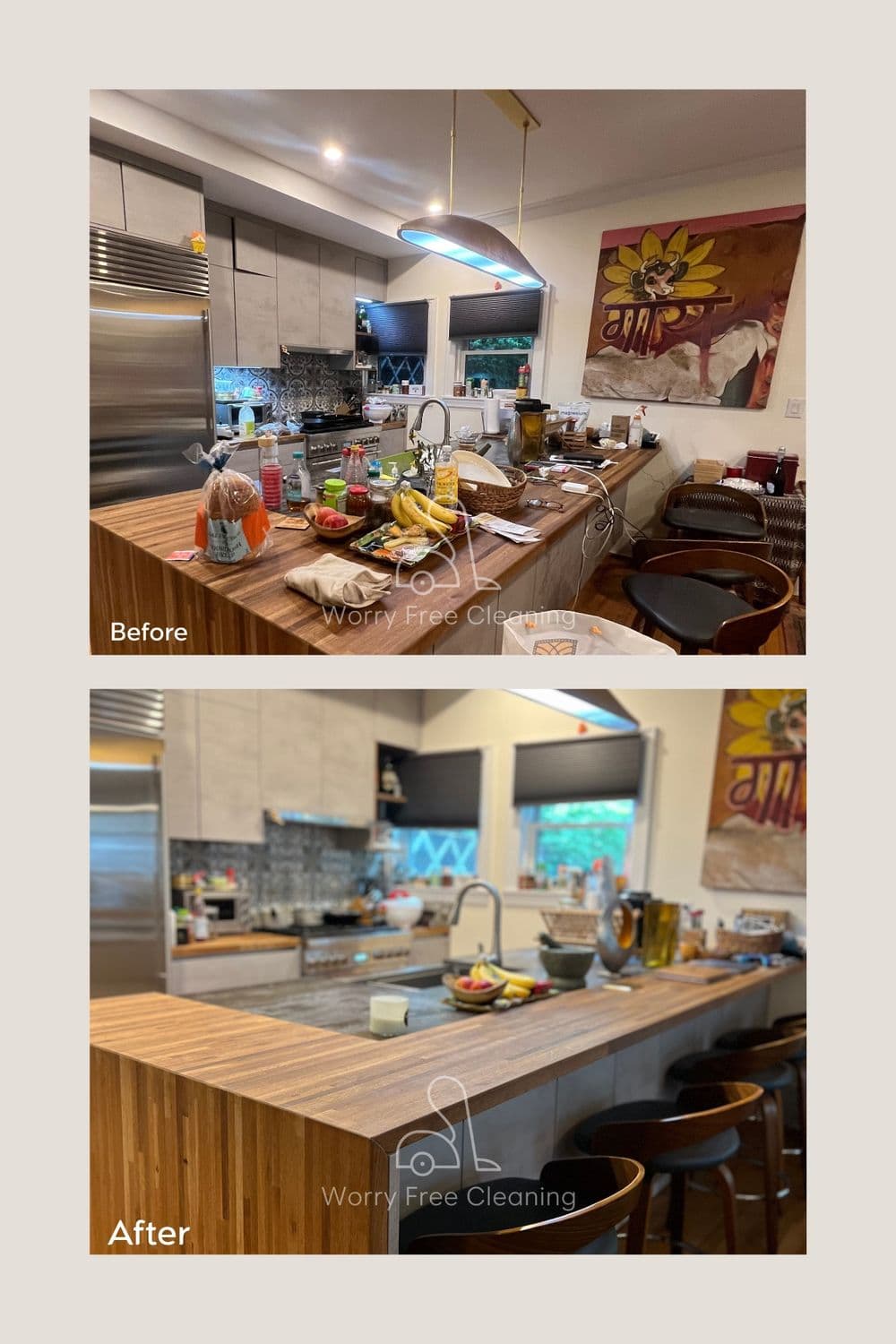 Before and after photo of a kitchen transformation showcasing a clean, organized space.