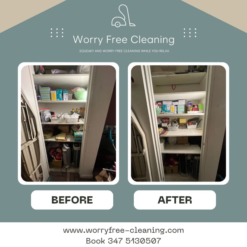 Before and after photos of an organized closet by Worry Free Cleaning service.