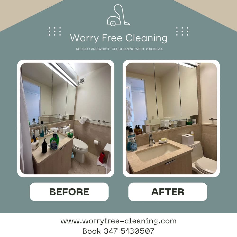 Before and after bathroom cleaning transformation by Worry Free Cleaning service.