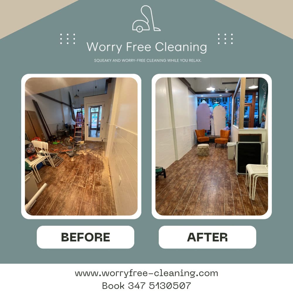 Before and after transformation of a cleaned commercial space with organized furniture.