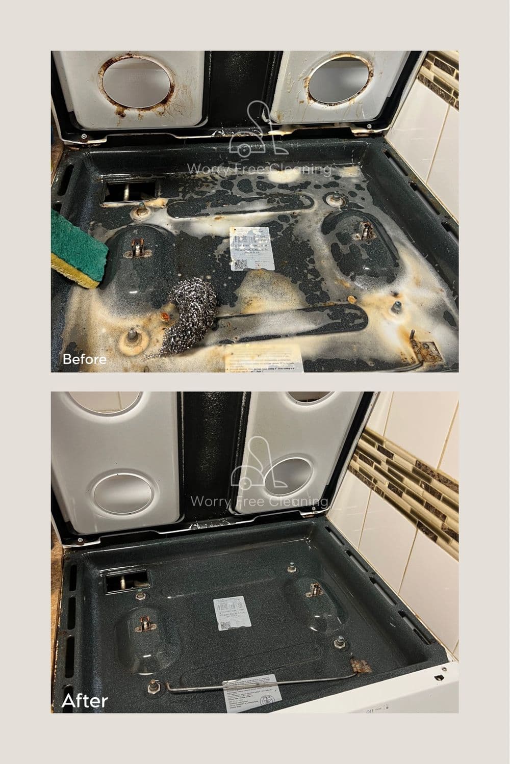 Before and after images of a thoroughly cleaned oven showing significant dirt removal.