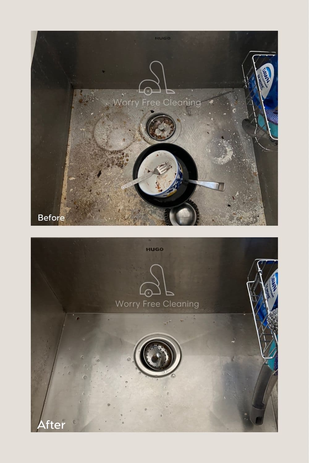 Before and after comparison of a cleaned kitchen sink showcasing cleanliness and tidiness.