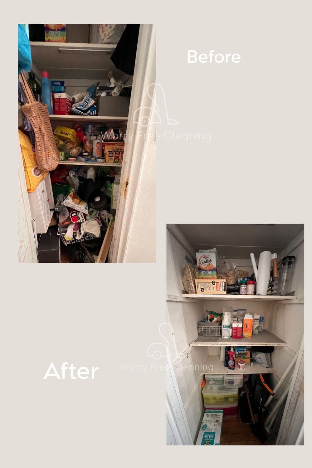 Before and after shots of a cleaned and organized closet with cleaning supplies and household items.