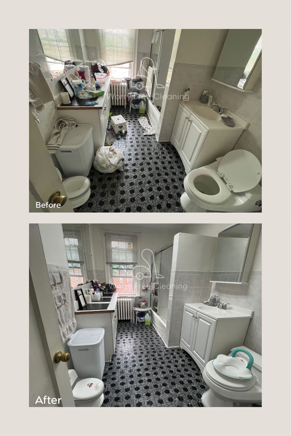 Before and after bathroom cleaning transformation showcasing improved organization and cleanliness.