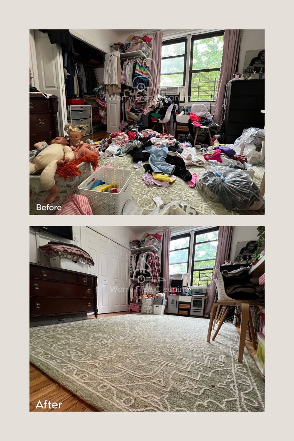 Messy bedroom before and organized bedroom after decluttering with a stylish rug.