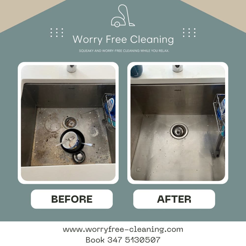 Before and after cleaning comparison of a stainless steel sink showing significant transformation.